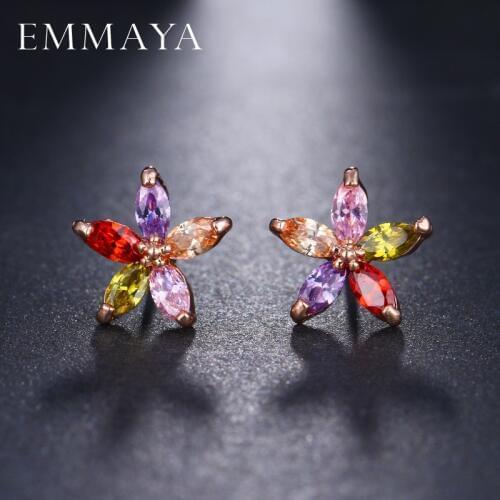 EMMAYA Multicolor Stones CZ Earrings For Womens Flower Cubic Zirconia Crystal Rose Gold Color Studs Earings
