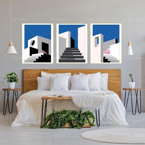 Scandinavian Print, Mid century Modern Wall Decor Set of 3, Nordic Panorama Blue Scenery, Minimalist Abstract Geometrical Art, M