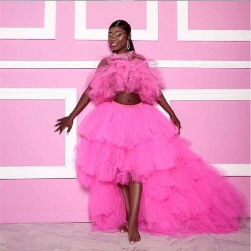 2 Pieces Evening Party Dress Puffy abiye gece elbisesi vestido de festa Pageant Gown Hi Low Photo Shoot Hot Pink Evening Dresses