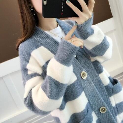 2021 spring Womens Knitted Cardigan Female Fashion Strip Sweater Ladies Winter Long Sleeve V-neck Casual Knitwear Coats H590