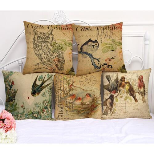 Vintage Bird Cushion Cover Cotton Linen Decorative Pillowcase Chair Seat Square 45x45cm Pillow Cover Home Living Textile A1157