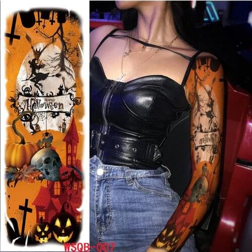 Temporary Tattoo Sticker Halloween Spider Wizard Pumpkin Tombstone Skull Full Arm Art Flash Tatoo Sleeve FakeTatto for Men Women