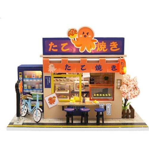 Japanese Takoyaki Shop DIY Wooden Dollhouse Architecture Doll Houses Miniature With Furniture Toys for Children Xmas Gifts