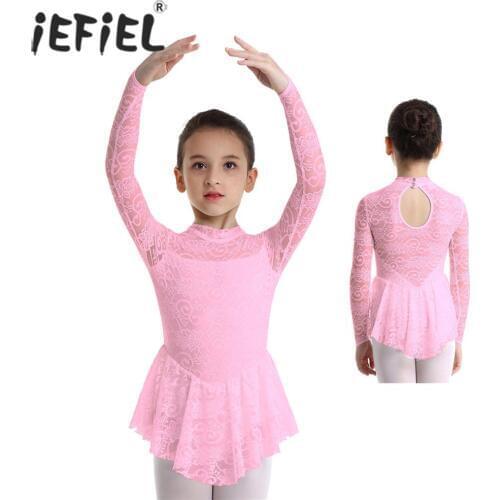 IEFiEL Kids Girls Ballroom Dance Competition Dresses Lace Figure Ice Skating Ballerina Dance Wear Gymnastics Leotard Costumes