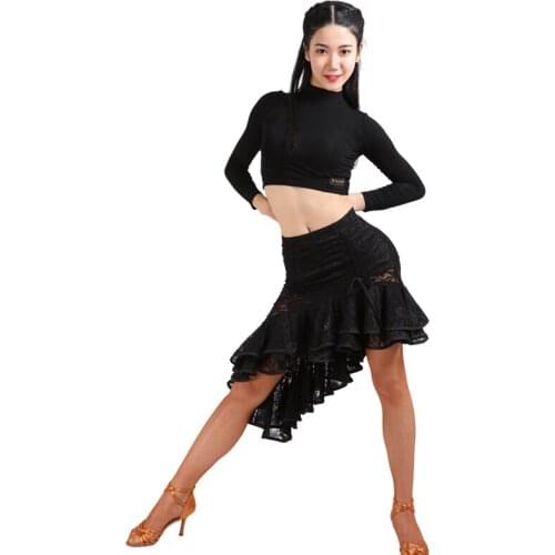 Women Latin Dance Skirt New Female Adult Practice Skirt Lace Stitching Irregular Skirts Latin Dance Performance Costumes DN9658