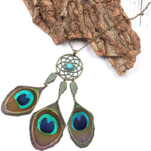 2021 Womens Dreamcatcher Tassel Peacock Feather Bohemian Long Necklace Sweater Chain