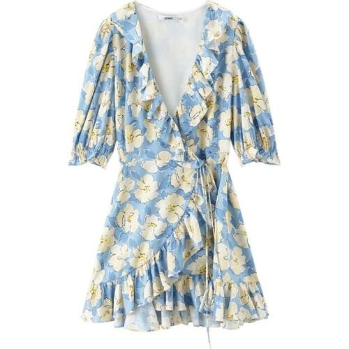Korean Style Short Sleeve Elegant Floral Dress Women V-neck Printed Wrap Dress Sweet Beach Dress Casual 2021 Summer Chic