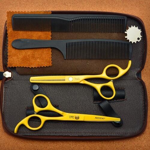 4Pcs/Set 5.5'' Brand Jason Yellow Japan 440C Professional Human Hair Scissors Hairdressing Comb + Cutting +Thinning Shears J1023