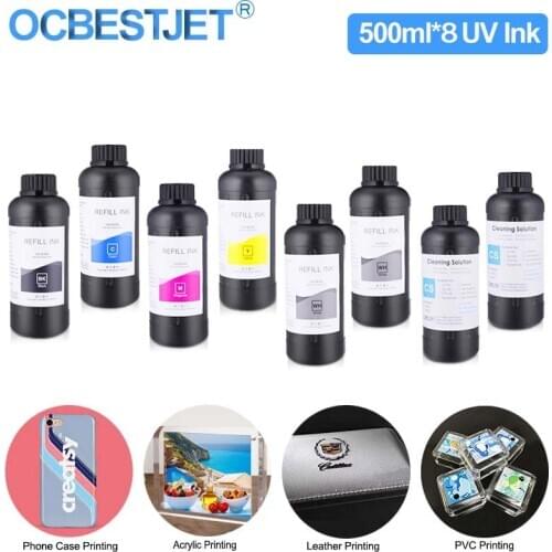 8x500ml LED UV Ink For Epson 1390 1400 1410 R280 R290 R330 L800 L805 L1800 XP600 TX800 UV Printer(K C M Y WH WH + 2 UV cleaning)