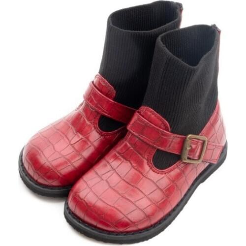Girls Round Toe Mid-Calf Color Patchwork Sock Boots Ankle Buckles Soft Wearing Fashion Dressing Laather Boots