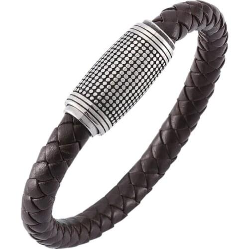 Simple Jewelry Men Wristband Brown Braided Leather Bracelet Trendy Stainless Steel Magnetic Clasp Fashion Bangles Gifts PD0142