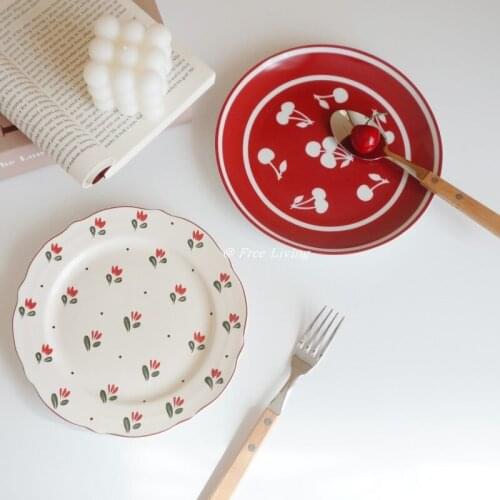 Korean ins lace small red flower ceramic plate vintage plate dessert cake plate