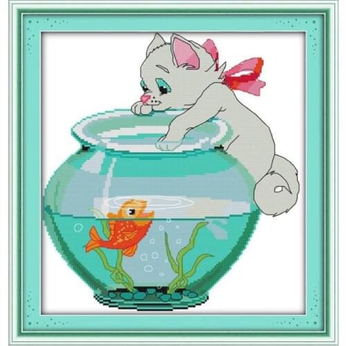 Cat aside fish jar cross stitch kit 14ct 11ct pre stamped canvas cross stitching animal lover embroidery DIY handmade needlework