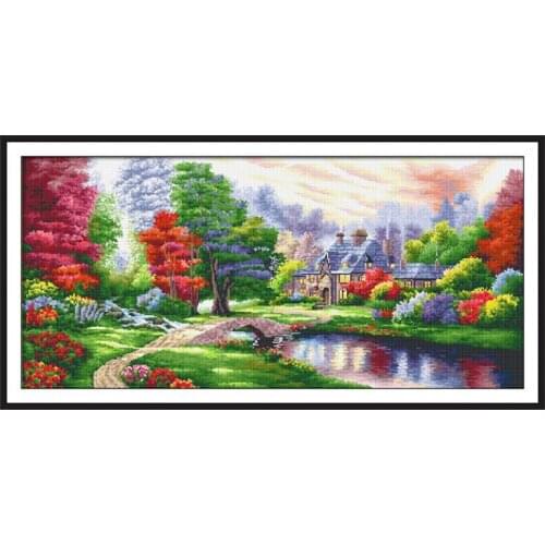 Cabin Landscape 14ct Counted Cross Stitch Kit 11ct Printed Fabric Embroidery DIY Needlework