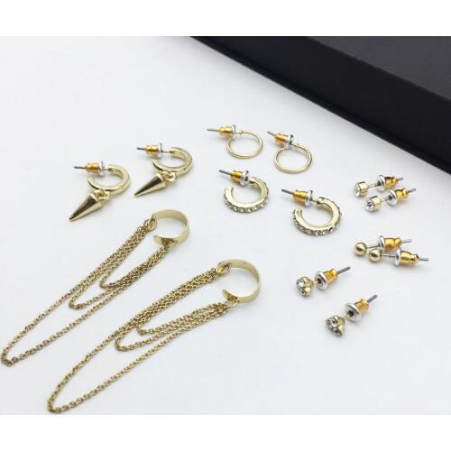 F.J4Z 7pair/lot Fashion Punk Spike Charm Rhinestone Mini Hoop Earrings Ear Studs Tassel Cuff Earrings Rock Club Jewelry