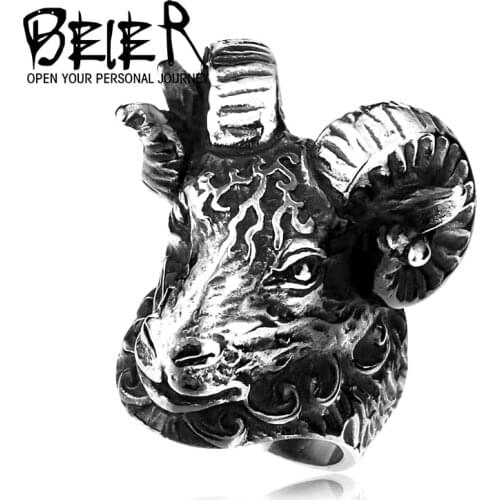 BEIER Huge Tibetan Antelope Sheep Cool Animal Stainless Steel Ring Punk Unique Heavy Metal Jewelry BR8-157