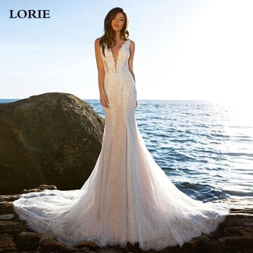 LORIE Beach Lace Mermaid Wedding Dress V Neck Appliques Bride Dress Boho Vintage Wedding Gown Vestidos de novia