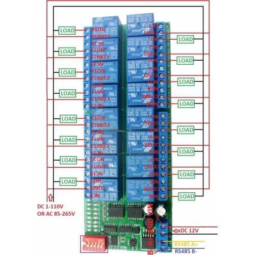 1 PCS 16ch DC 12V RS-485 Modbus RTU Relay Board RS485 Bus Remote Control Switch for LED Motor PLC PTZ Camera Smart Home