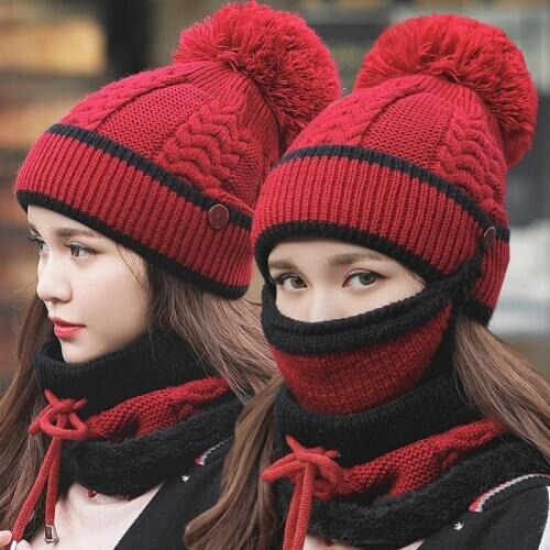 Rimiut Fashion Winter Womens Hat Scarf Face Mask Three-piece Set Windproof Antifreeze Knitted Warm Hats