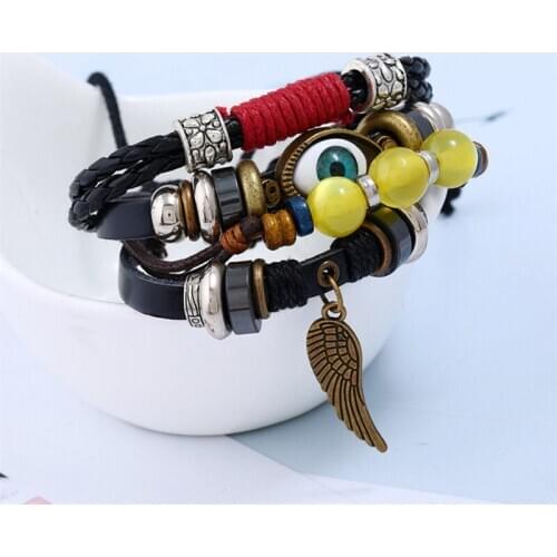 CHENFAN Mens Bracelet Jewelry Leather Rope Retro Woven Bracelet Female Multi-layer Woven Beaded Eye Alloy Wing Pu
