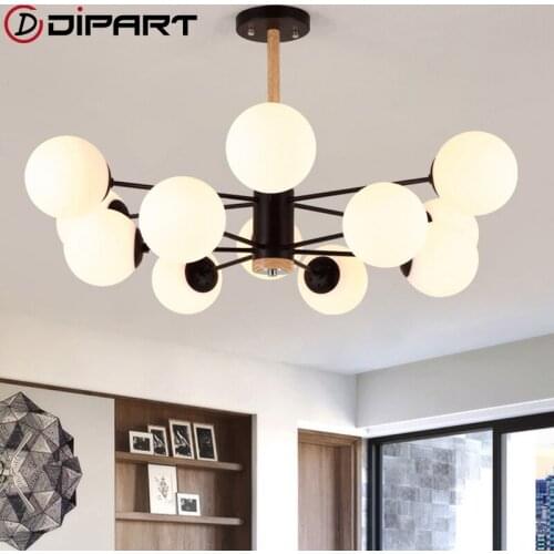 Modern Wooden LED Pendant Lights with Glass Lampshade For Dining Room Metal Cord Hang Lamp Adjustable Hanging Lighting Fixture