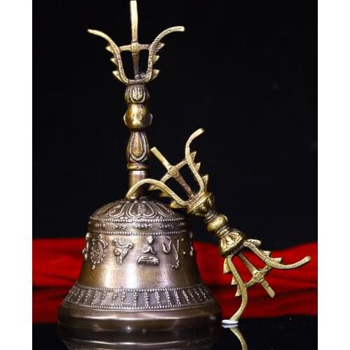 8"Tibet Buddhism Old Bronze Mahakala head statue Rattle Bells Dorje Vajra set Town House Exorcism Ward off evil spirits