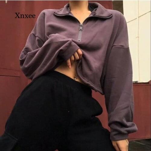 Spring and Autumn Womens Hoodie Collar Zipper Long Sleeve Sweatshirt Viper Casual Loose High Street Gray Thick Wool Pullover To