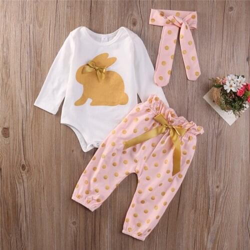 Spring Autumn Newborn Infant Baby Girls clothes Cute rabbit long sleeve bodysuit bow Playsuit Pants 3pcs Outfits Set
