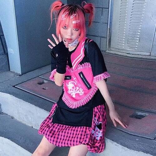 Women Pink Black Skull Mall Goth Kawaii Tshirt Emo Punk Harajuku Summer Top Dark Aesthetic Fairy Grunge Alt Alternative Clothes