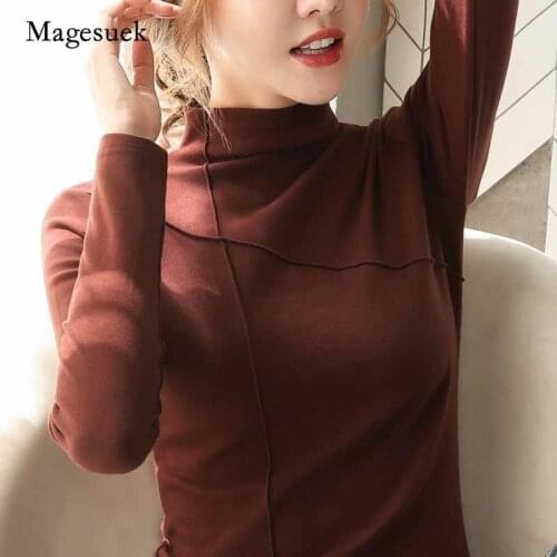 Plus Size Solid Slim Half-high Collar Bottoming Shirt Autumn Long Sleeve T-shirt Women Tops Bright Line Pullover Blouse 11218