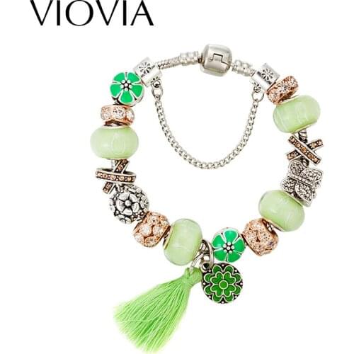 VIOVIA Bracelet Femme European Fine Beads Jewelry Silver Color Flower Beads Green Charm Bracelet For Women DIY Jewelry B16046