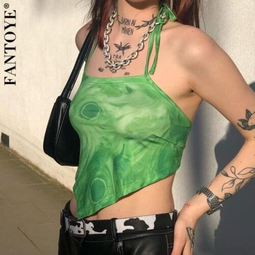 Fantoye Print Backless Halter Tank Tops Women Green Bodycon Bandage Short Tops Ladies Summer Skinny Streetwear New Fashion Tops