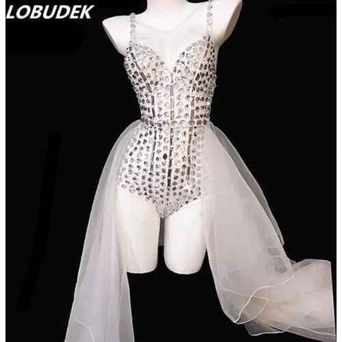 High Elastic White Rhinestones Halter Bodysuit Sexy V-neck Stretch Crystal Bodysuit Women Nightclub Singer Dancer Stage Costume