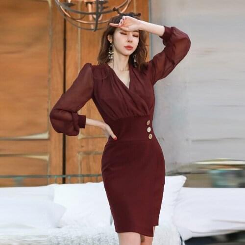 S-XL Plus Size Sheer OL Office Work Dress Woman Long Sleeve Corset Chiffon Patchwork Summer Dress 2021 Streetwear Korean Dresses