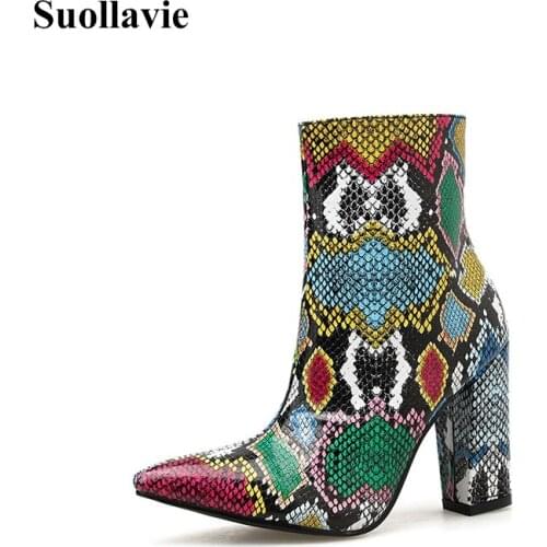 Suollavie 2021 winter women boots sexy zipper snake print shoes women chunky heel zapatos de mujer fashion sapatos das mulheres