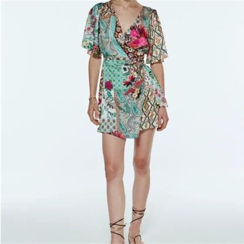 ZXQJ Women 2021 Fashion With Knot Patchwork Floral Print Mini Dress Vintage Short Sleeve Back Zipper Female Dresses Mujer