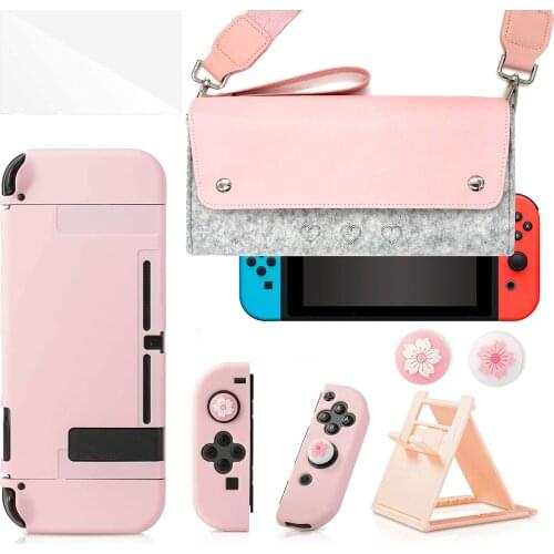 10PCS kawaii Pink protective Case Kit for Nintendo Switch Screen Protector Ultra-thin Adjustable Stand and Thumb Grip Caps