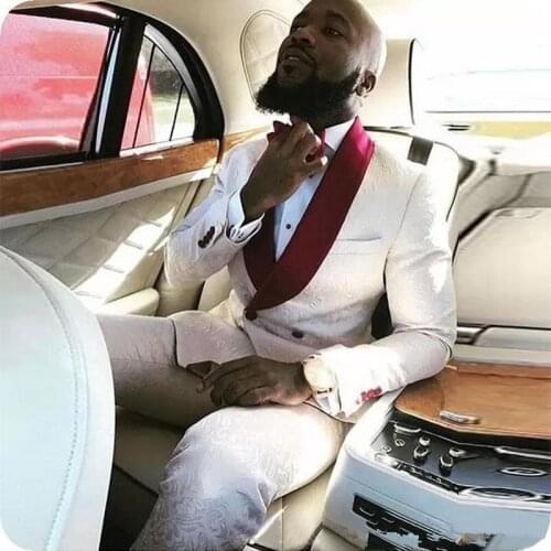 2 Pieces Men Suits Royal White Jacquard Custom Made Men Suits Two Buttons Tuxedos Peaked Lapel Blazer Business Coat+Pant