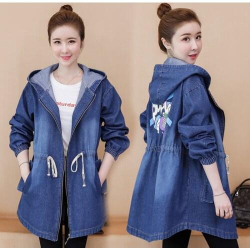 #3141 Long Denim Windbreaker Women Zipper Printed Denim Jacket Hooded Plus Size 4XL 5XL Drawstring Waisted Jeans Jacket Loose