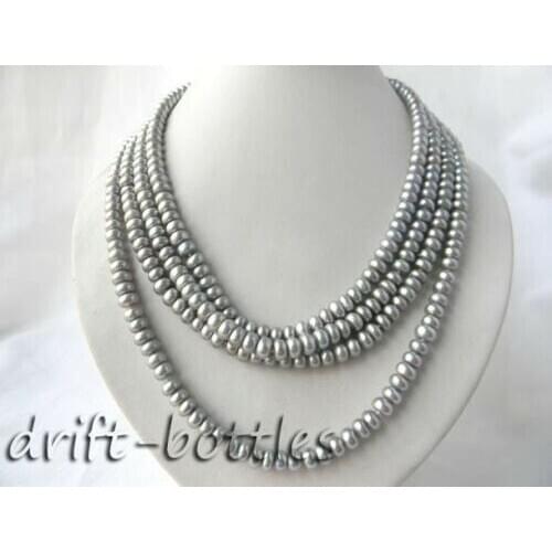4Strands 18'' Flat Round Gray Freshwater pearl Necklace