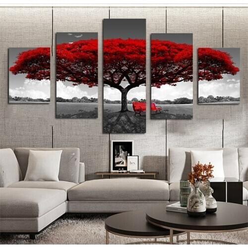 5 Panel Red Tree Pictures Scenery Landscape Posters Canvas Painting Wall Art for Living Room Bedroom Decorative Posters Prints