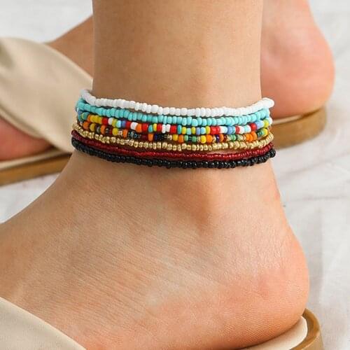 7pcs/set Colorful Handmade Beaded Anklet Bracelet Women Adjustable Foot Jewelry Bracelet On The Leg