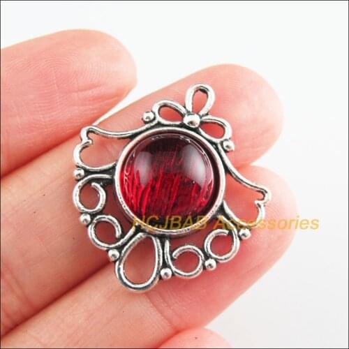 Fashion 8Pcs New Round Charms Red Glaze Flower Pendants Tibetan Silver Tone 26x29mm