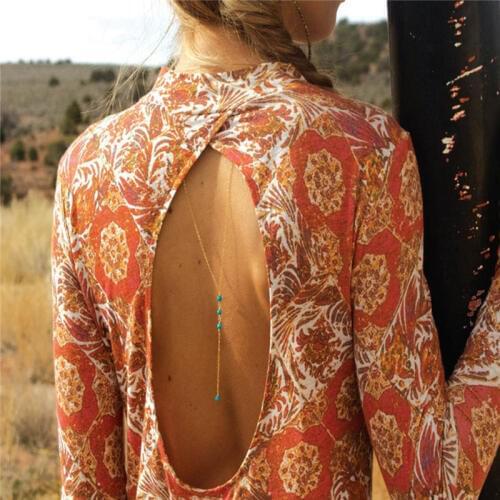 DoreenBeads Back Wedding Necklace Party Beach Back Neck Lace Summer Body Jewelry Gold Color Green Blue 70cm long, 1PC