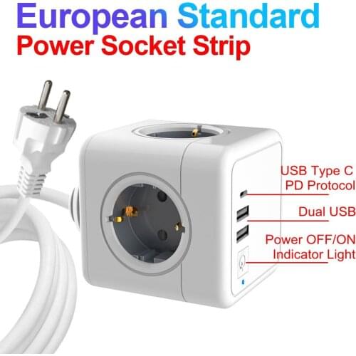 Smart Home EU Power Plug Socket Power Adapter European Powercube USB Type C Charging Socket Strip Extension 1.5m Cable EU