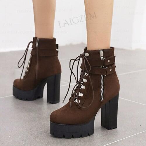 LAIGZEM Women Boots Faux Suede Side Zip Round Toe Thick High Heels Boots Comfortable Casual Shoes Woman Big Size 33 41 44 48