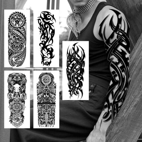 Black Tribal Totem Full Sleeve Temporary Tattoos For Men Adult Realistic Fake Maori Turtle Tattoo Sticker Deer Flower Tatoo Punk