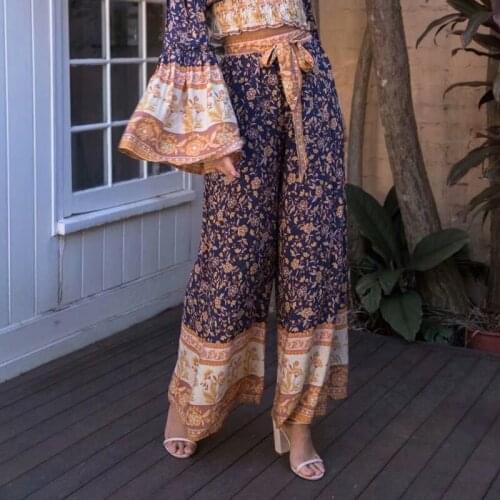 Happie Queens elegant women bohemian floral print wide leg Bohemian pants ladies casual loose rayon Boho long pants oversize