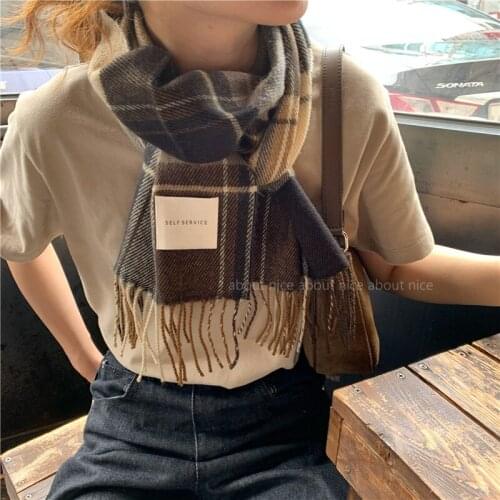 Plaid Imitation Cashmere Scarf Womens Winter Korean Version Versatile Double-sided Mens Long Warm Dual-purpose Multifunctional