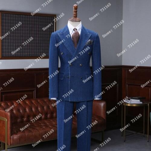 Blue Denim Double Breasted Jacket With Pants Slim Fit 2 Pieces Wedding Groom Wear Prom Party Formal Dinner Blazers Custom Made